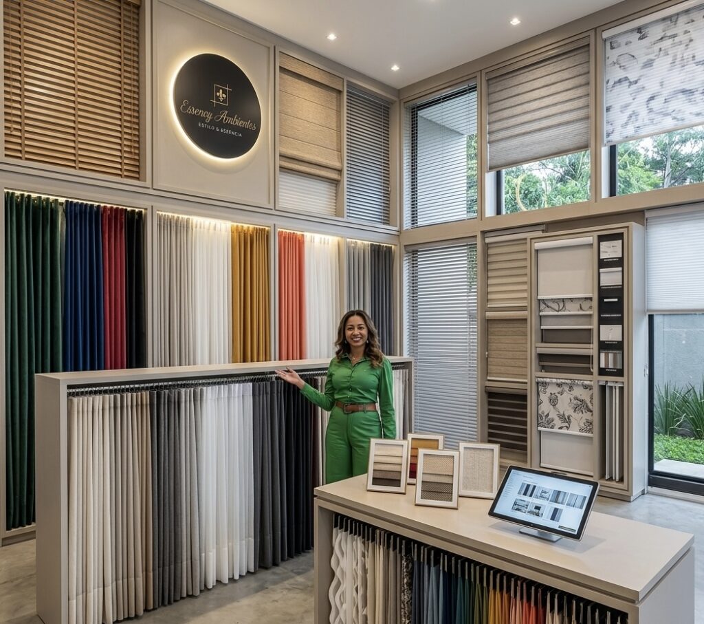 Janaina, designer de interiores da Essency Ambientes, especialista em cortinas e persianas em Goiânia
